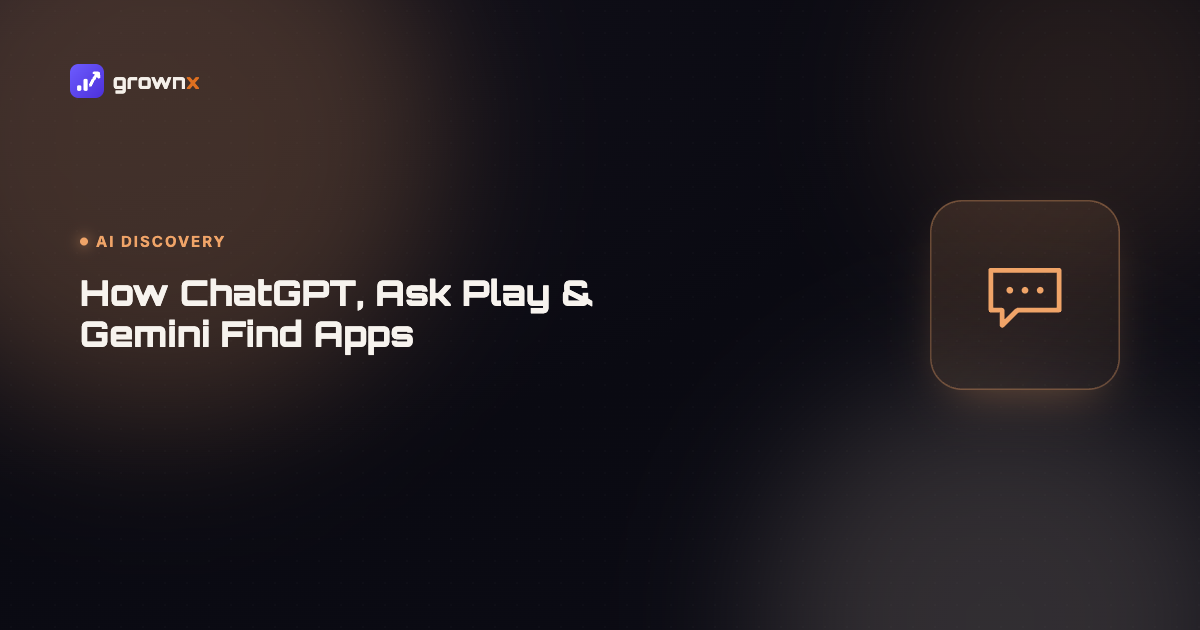 Hero graphic for 'AI App Discovery in 2026: How ChatGPT, Ask Play & Gemini Find Apps for Users', a chat bubble on a dark GROWNX gradient background, category: AI Discovery.