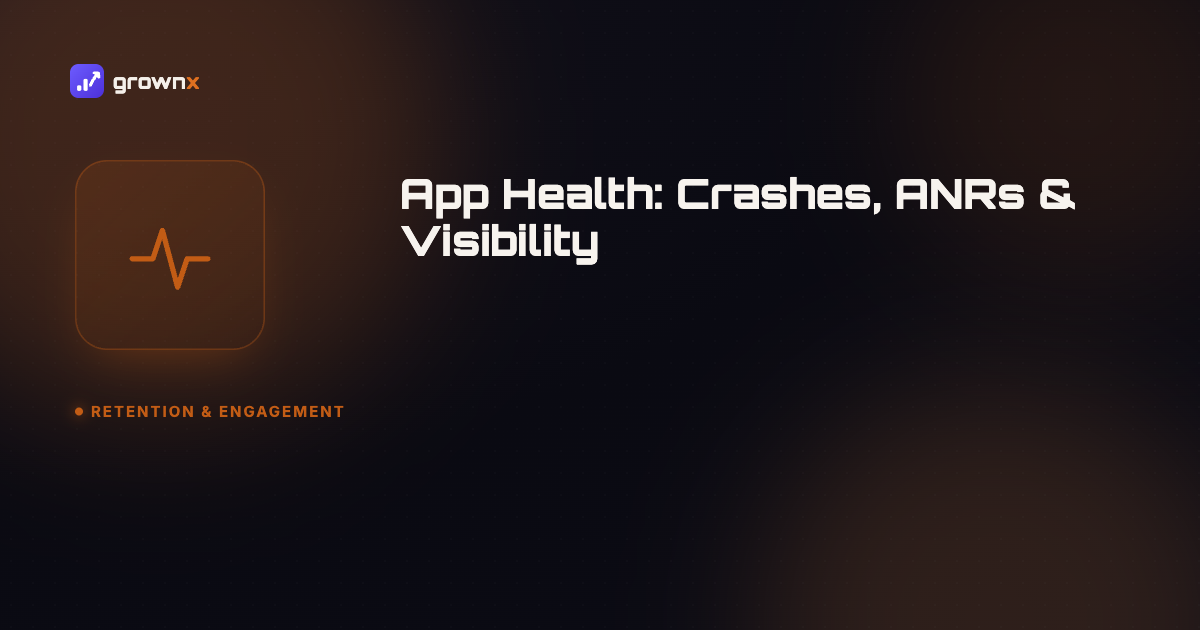 Hero graphic for 'App Health (Crashes/ANRs) and Its Effect on Play Store Visibility', a heartbeat/activity line on a dark GROWNX gradient background, category: Retention & Engagement.