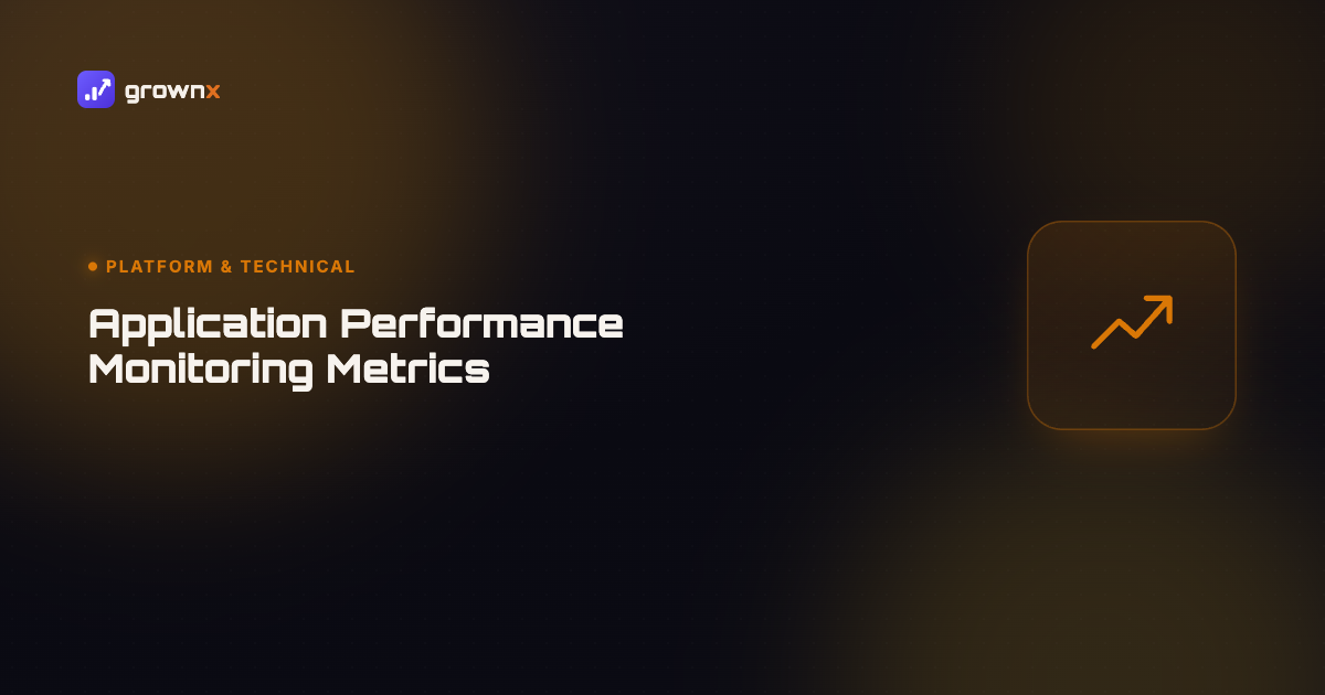 Hero graphic for 'Application Performance Monitoring Metrics for Growth Teams', an upward trend line on a dark GROWNX gradient background, category: Platform & Technical.