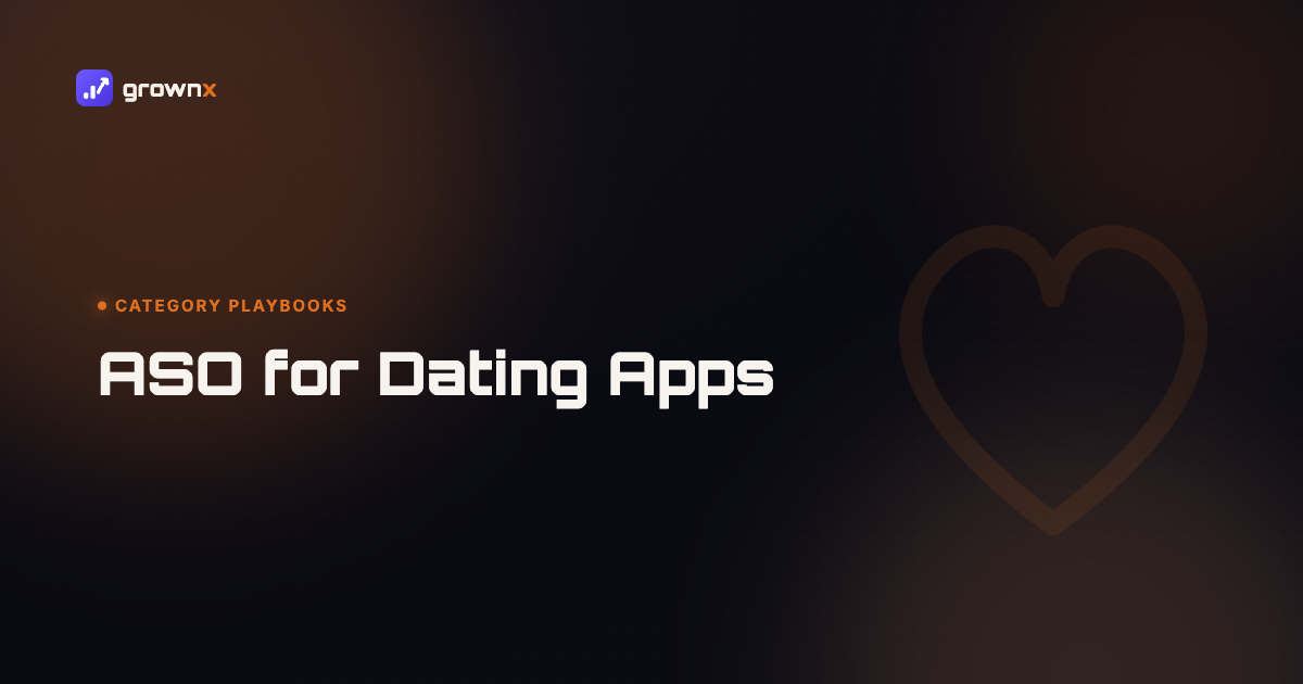 Hero graphic for 'ASO for Dating Apps: A Category-Specific Playbook', a heart on a dark GROWNX gradient background, category: Category Playbooks.
