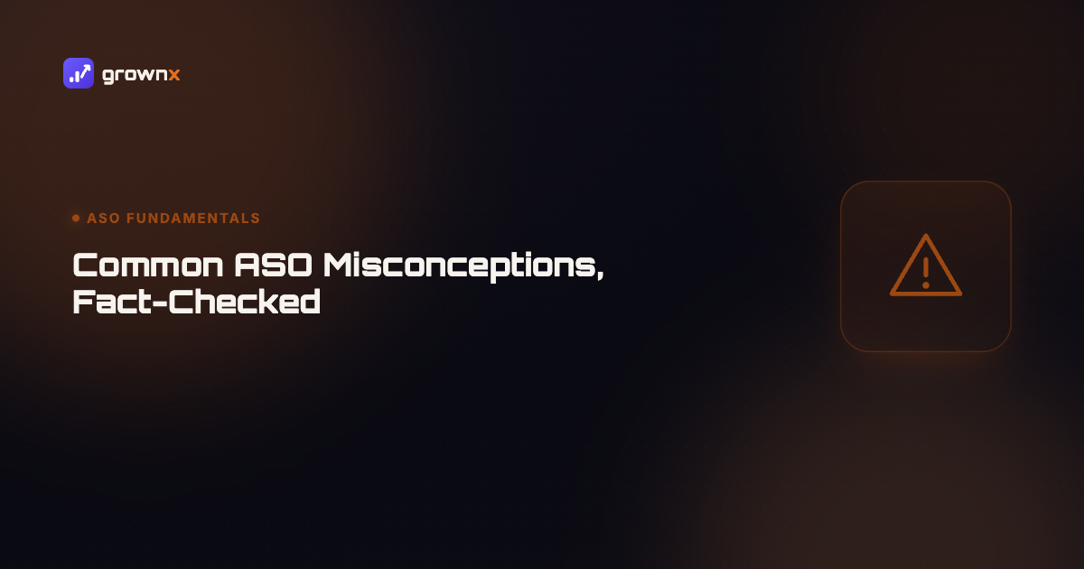 Hero graphic for 'Common ASO Misconceptions, Fact-Checked', a warning triangle on a dark GROWNX gradient background, category: ASO Fundamentals.