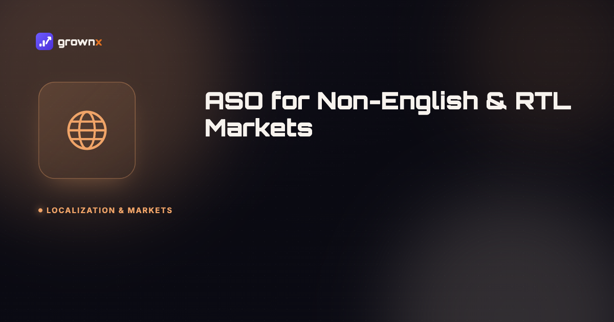 Hero graphic for 'ASO for Non-English & RTL Markets', a globe with longitude lines on a dark GROWNX gradient background, category: Localization & Markets.