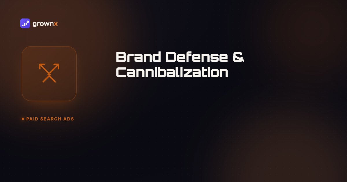 Hero graphic for 'Brand Defense & Cannibalization in Apple Search Ads', two crossed swords on a dark GROWNX gradient background, category: Paid Search Ads.