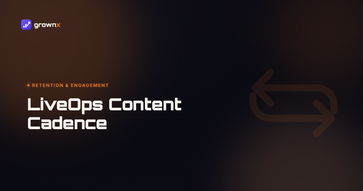 Hero graphic for 'LiveOps: Using In-App Content Cadence to Grow on Google Play', a repeat/loop arrow on a dark GROWNX gradient background, category: Retention & Engagement.