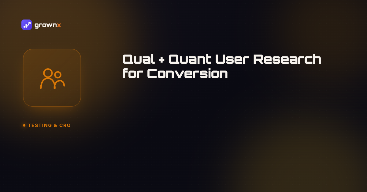 Hero graphic for 'Qualitative + Quantitative User Research for App Store Conversion', two user silhouettes on a dark GROWNX gradient background, category: Testing & CRO.