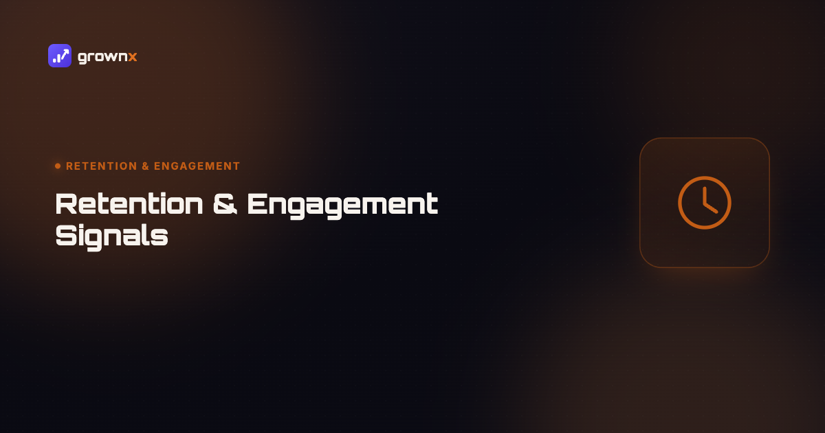 Hero graphic for 'Retention & Engagement Signals: How They Actually Affect Your App Store Rank', a clock face on a dark GROWNX gradient background, category: Retention & Engagement.